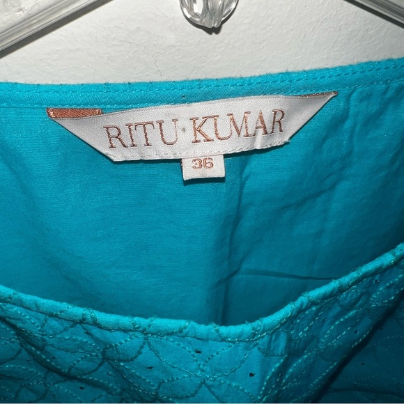 Ritu Kumar Kurta Dress Turquoise Lined Side Slit Studded Ombre Tasseled Size 36 - Picture 2 of 15